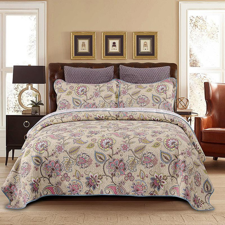 Vintage Floral Roses Paisley Bedspread Queen size 3Pcs Bright Vibrant Multi-Color 100%Cotton Quilted Bed spread set Pillowcase