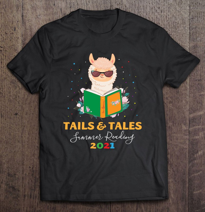 tails-tales-summer-reading-2021-cute-llama-reading-book-t-shirt