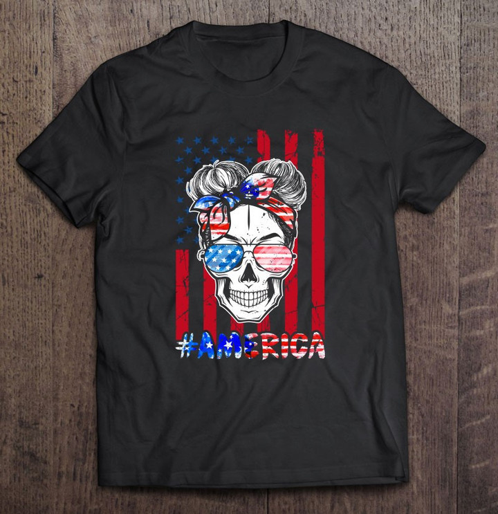 america-messy-bun-skull-4th-of-july-usa-flag-women-girls-vintage-t-shirt