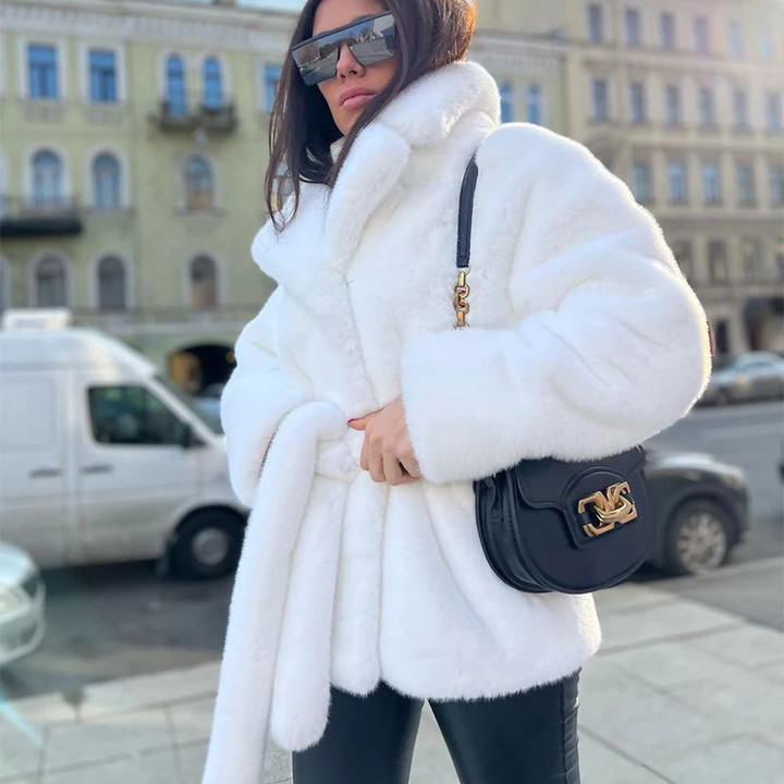 Luxury Pure White Belted Faux Fur Coat