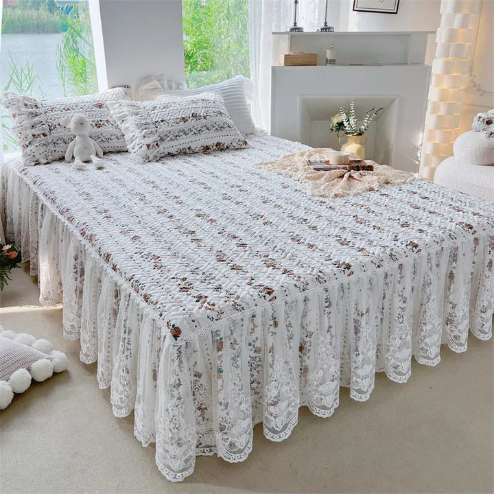 French-style Cotton Bed Cover Set King Size 200*220 Lace Bed Skirt Princess Quilted Bedspread Single Double with 2 Pillow Covers