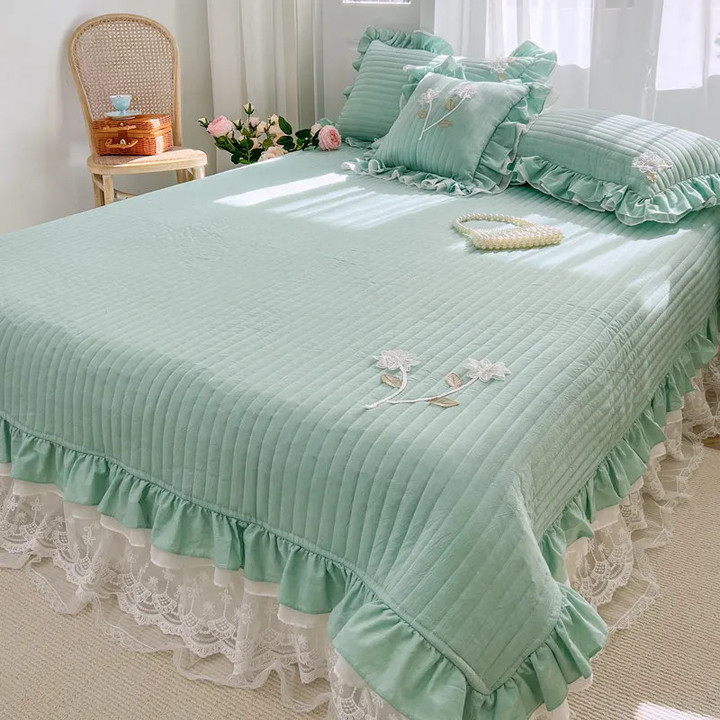Bedspread Cotton Korean Lace Quilted Coverlet Queen Double Bed Sheet Handmade 3D Flower and 2 Pillow Shams for Girls