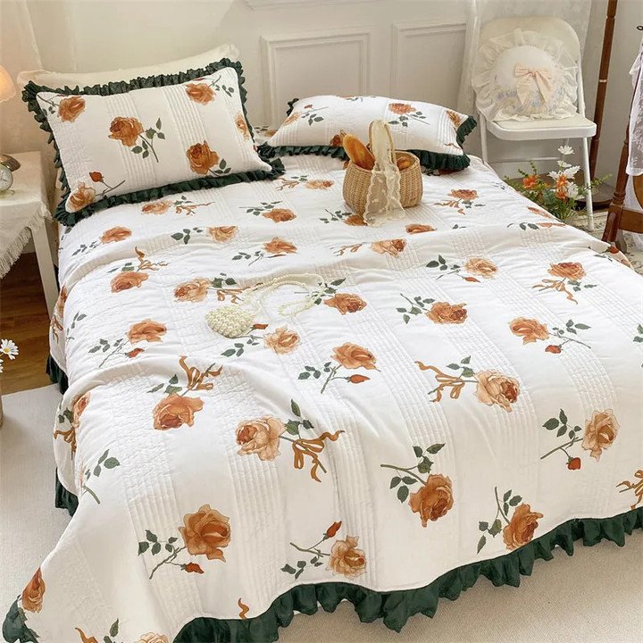 French Vintage Quilted Cotton Bedspread Coverlet Double 230x250cm Print Floral Ruffle Bed Sheet Soft with 2 Pillow Shams 3PCS