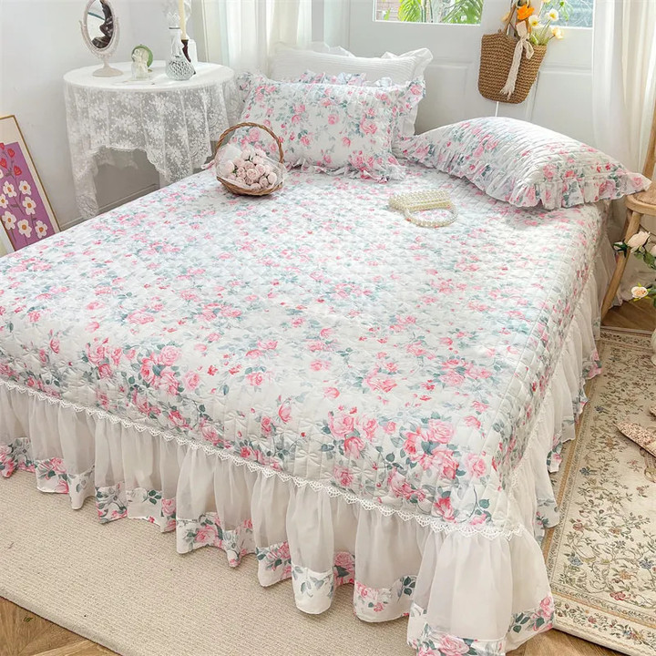 Korean Chic Quilted Bedspread Cotton King Size 250x270cm Coverlets Oversized Ruffles Lace Queen Double Bed Sheet 2 Pillowcases