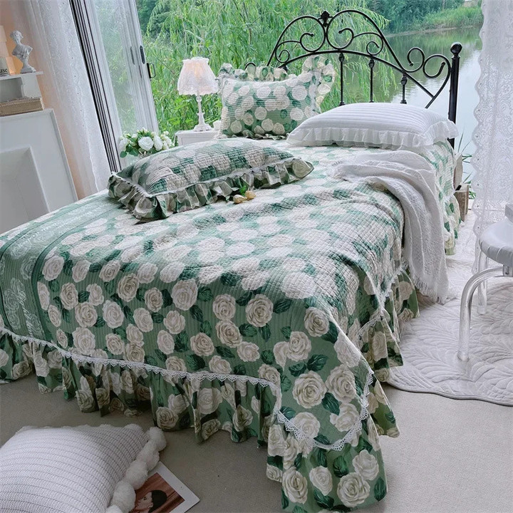 Chic Quilted Cotton Bedspread for Double Bed Printed Flower Bed Sheet with 2 Pillowcases Queen King Size Soft 3PCS