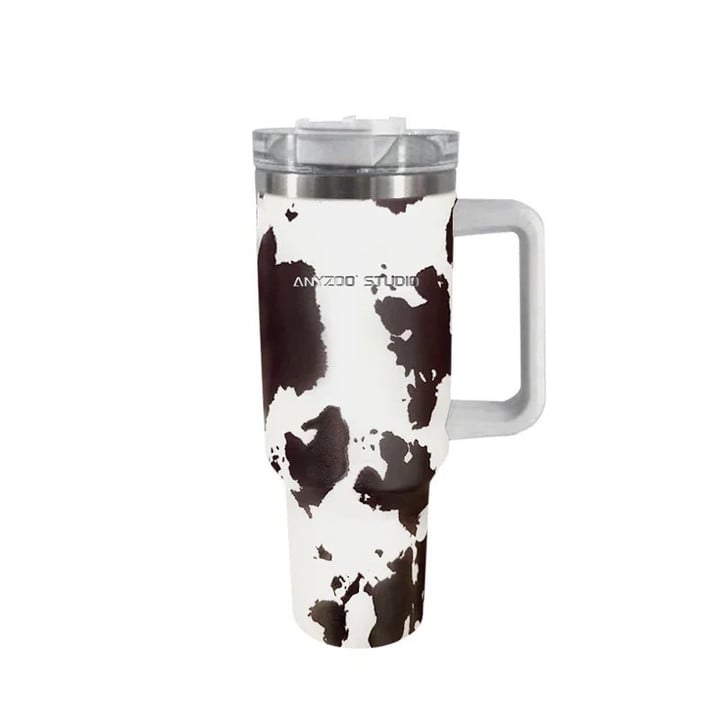 40 oz tumbler with handle with Straw Lids Stainless Steel Coffee Termos Cups Car Mugs vacuum cup Cute Cow Print Thermos Cup