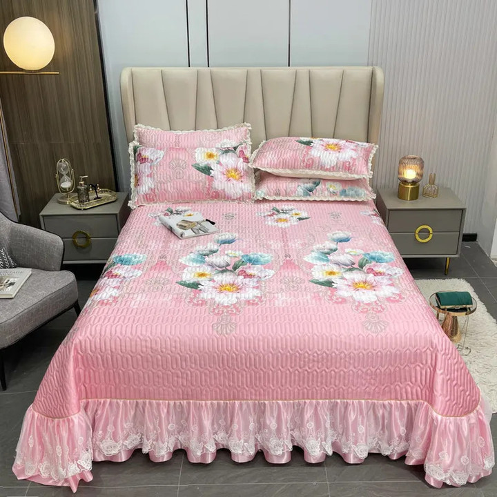 European Printed Queen Summer Cooling Bedspread Double Bed Sheet Quilted Bed Cover Lace Ruffles with 2 Pillowcases Washable