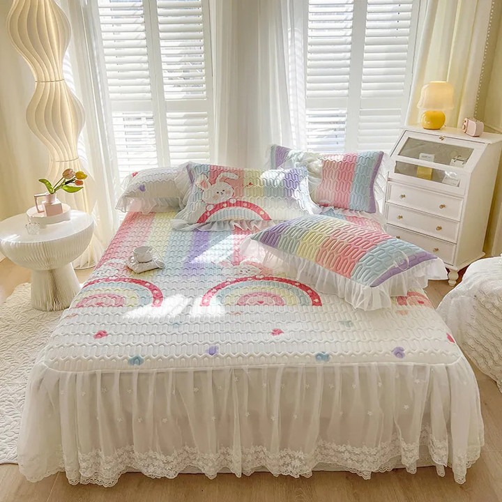 3PCS Cute Summer Latex Cooling Double Bedspread Lace Quilted Bed Sheet Queen King Air Conditioning Sleeping Mat 2 Pillowcases