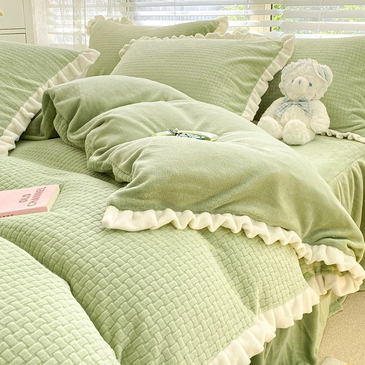 3/4PC Bedding Queen King Thick Coral Velvet Solid Bedding Set Winter Warm Velvet Duvet Cover Bed Flat Sheet Pillowcases