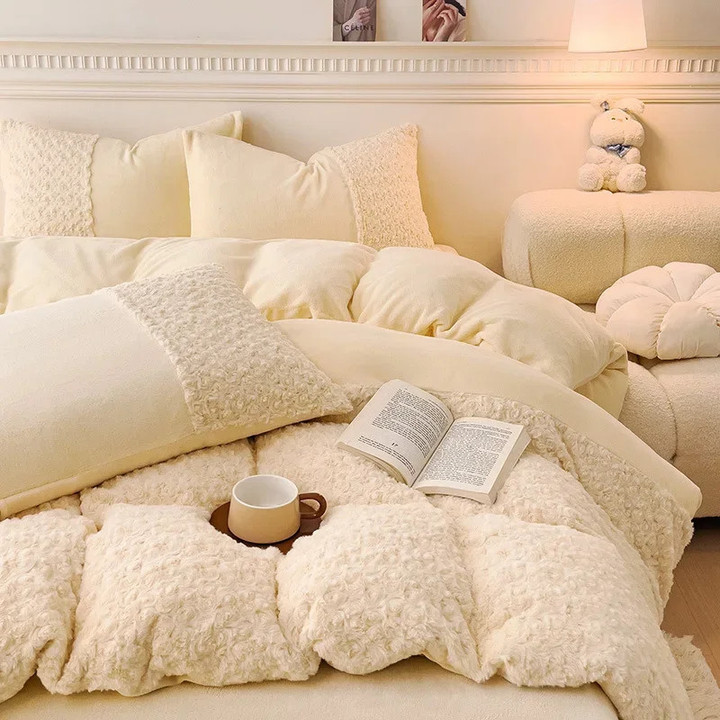 Winter Plush Luxury King Bedding Set Home Textile High Quality Stereoscopic Rose Duvet Cover Sheet Pillowcase 4pcs Bed Linen Set