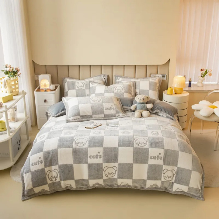 Winter Thicken Coral Velvet Duvet Cover Set Home Textiles Cartoon Quilt Cover Bed Sheet Pillowcase 4pcs Luxury Queen Bedding Set