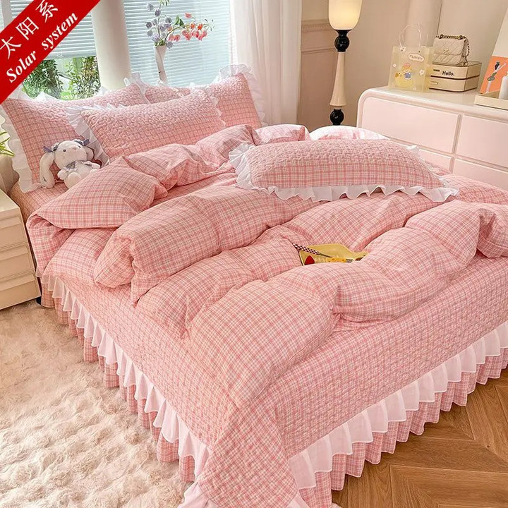 Four Seasons Bed Linen Set Korean Princess Style Double-layer Lace Luxury Queen Bedspread Blanket Bed Sheet with Pillowcase 3pcs