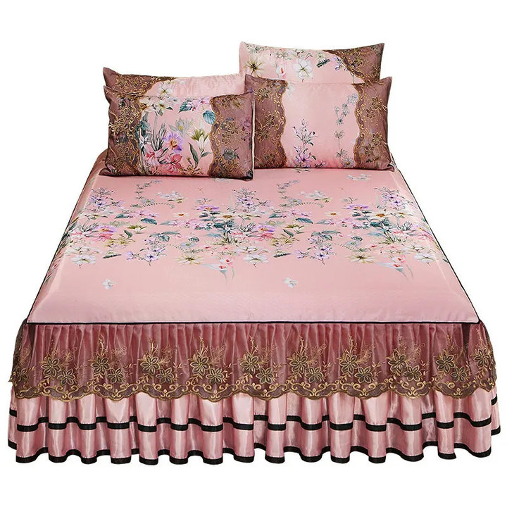 European Floral Summer Double Bedspread Set Queen King Bed Cover Embroidered Lace Cooling Air Conditioning Sleep Mat