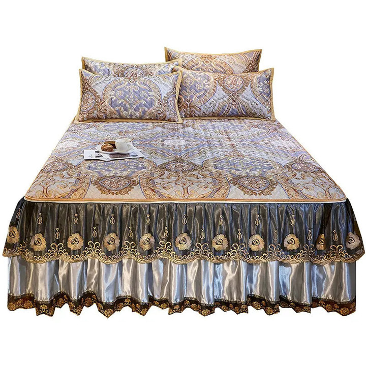 Vintage Summer Lace Quilted Bedspread Full Queen King Detachable Bedskirt Folding Bed Cover Cooling Mat Pillowcase 3pcs