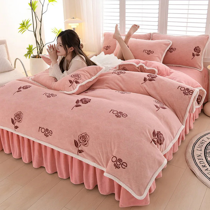Winter Warm Queen Duvet Cover Set Cute Cartoon Flannel Quilt Cover Bed Sheet Pillowcase 4pcs Luxury Bedding Sets Bed Linens Set