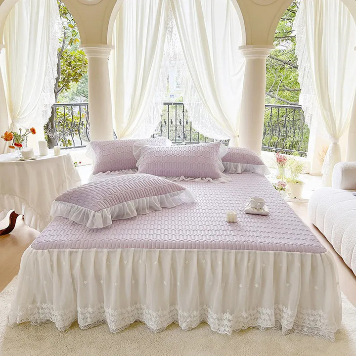 Elegant Latex Summer Bed Cover Lace Bed Skirt with Elastic Double Bedspread Cooling Sleeping Mat Washable Soft with 2 Pillowcase