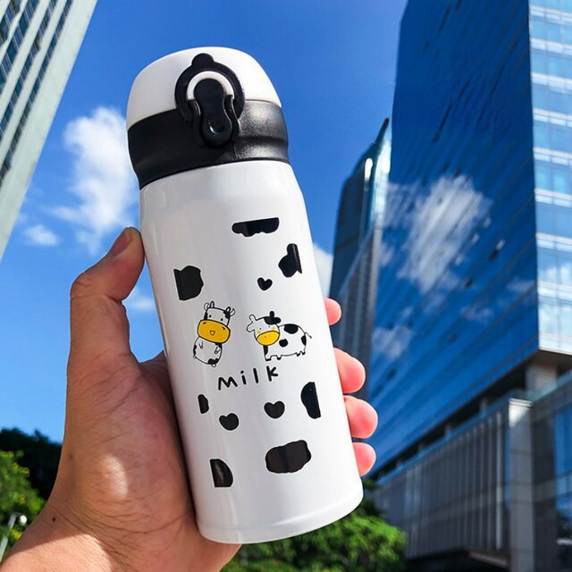 Cow Spring Cover Thermos Cup Stainless Steel Water Bottle with Cartoon Pattern Nice Durable Outdoor Sports Hot Drink Coffee Cup