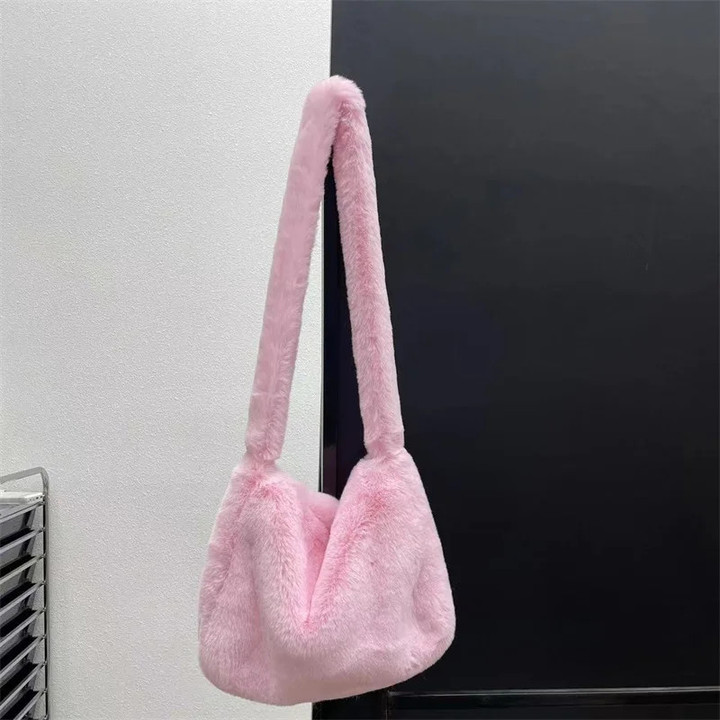 Candy Color Rose Pink Plush Crossbody Shoulder Bag