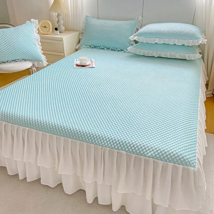 Summer Ice Cool Bed Skirt and Pillowcase Set Home Textiles Bedding Princess Style Fitted Bed Sheet Mattress Dust Cover Bedspread