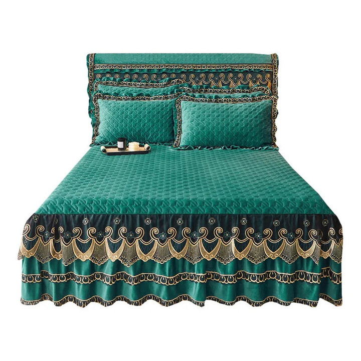 AI WINSURE Luxury Quilted Velvet Bedspreads for Double Bed Thicken Lace Ruffle Bedskirt Set Queen King Size with 2 Pillow Covers
