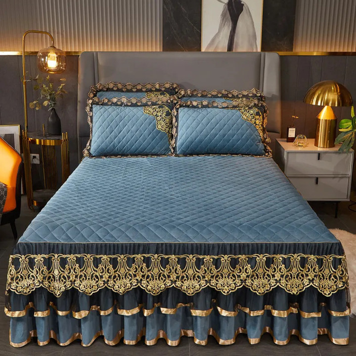 AI WINSURE European Luxury Velvet Bedspread Thickened Gold Embroidery Lace Ruffle Bed Skirt Queen King Size Bed Cover Warm Soft