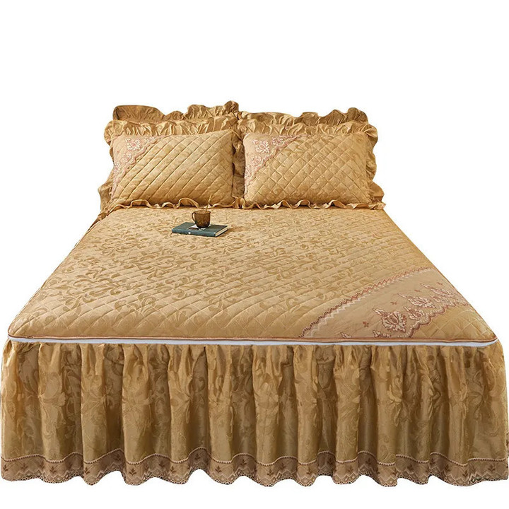 Embossed Velvet Bed Cover with Zipper Removable Lace Bed Skirt Queen King Soft Thick Mattress Protector Warm 3PCS