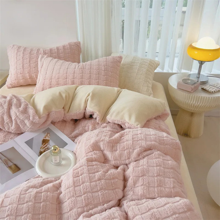 Winter Warm Double-sided Plush Duvet Cover Bed Linens Set Home Textile Quilt Cover Sheet Pillowcase 4pcs Luxury King Bedding Set