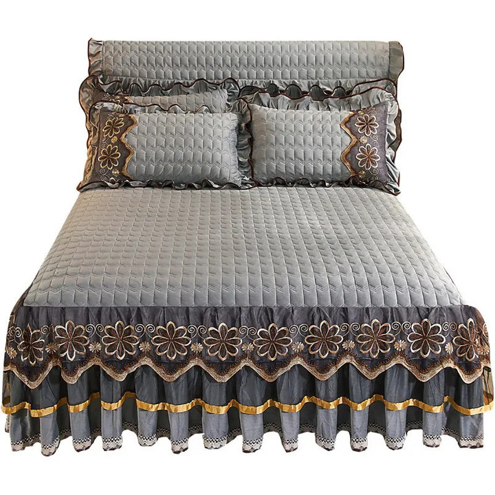 Thick Velvet Bed Skirt Queen King Size Double Quilted Bedspread with Lace Ruffles Bed Sheet with 2 Pillowcases 3pcs