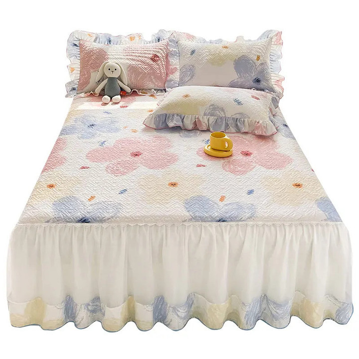 Floral Bed Skirt Bedspread Super King Queen Size Print Cotton Dust Ruffles Set Quilted Double Bed for Girls with 2 Pillow Shams