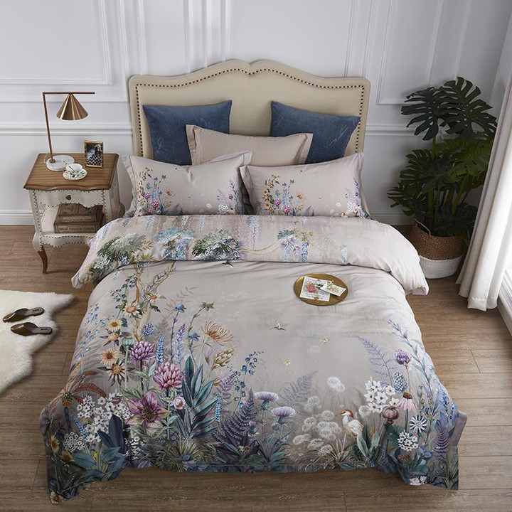 Birds and Flowers Leaf Gray Shabby Duvet Cover Bed sheet Pillow shams