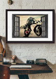Motorcycle Riding Through Window For Garage Decor Motobike Retro Print Rider Framed Matte Canvas 12x16