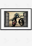 Motorcycle Riding Through Window For Garage Decor Motobike Retro Print Rider Framed Matte Canvas 8x10