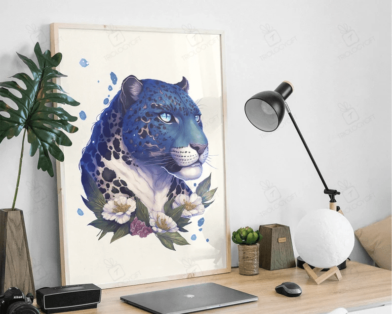 Leopard Art Blue Leopard With Flowers Jungle Animal Art Print Large Floral Bedroom Living Room Wall Art Ready To Hang Framed Poster