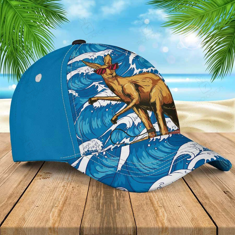 Red Glasses Kangaroo Surfing On Ocean Waves Hawaiian Kangaroo Summer Hats Cap