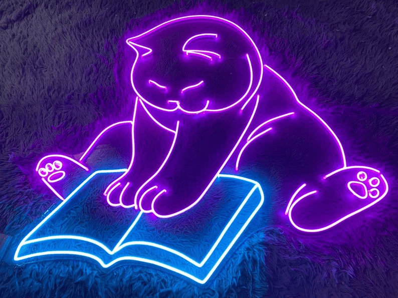 Cat reading book Led Sign, Cat Neon Sign, Wall Decor, Cat read book Neon Sign, Custom Neon Sign, Shop Led Sign
