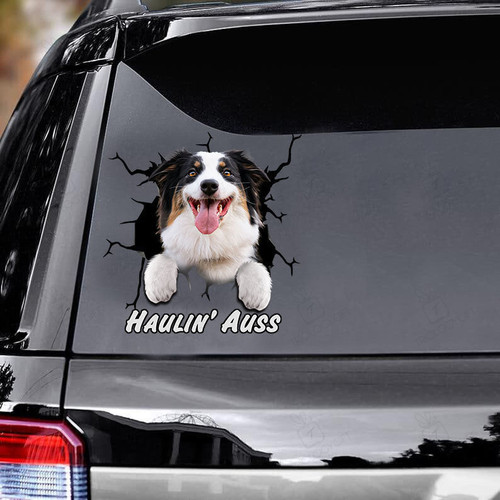 Haulin' Auss Australian Shepherd Crack Car Decals, Gift For Dogs Lover, Window Decals Car, Gift For Car, New Driver Sticker
