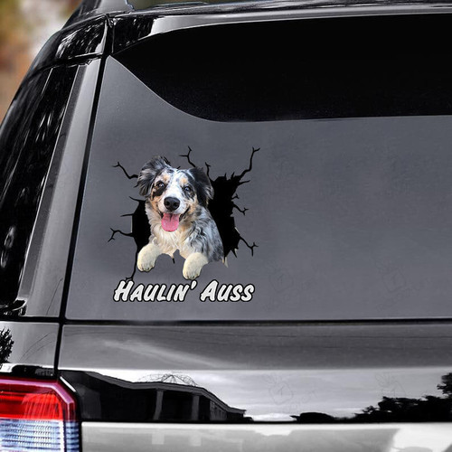 Haulin' Auss Australian Shepherd Crack Car Decals, Window Decals Car, Car Decoration, Dogs Decals Lover, Car Window Decals