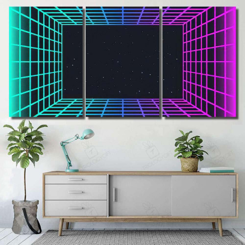 Vaporwave Retro Futuristic Background Abstract Laser Galaxy Sky and Space Canvas Print, Trilogygift Multi Piece Painting