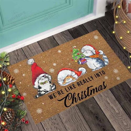 Were Like Really Into Christmas Cat Front Back Door Rug Durable Rubber Backing Non Slip Welcome DoorMat