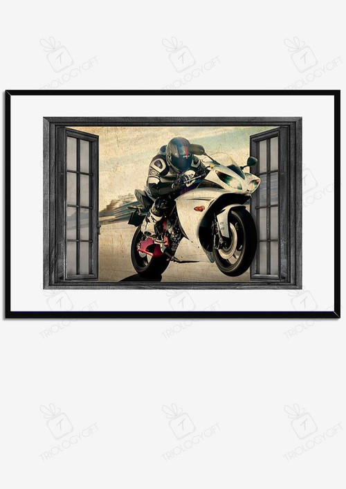 Motorcycle Riding Through Window For Garage Decor Motobike Retro Print Rider