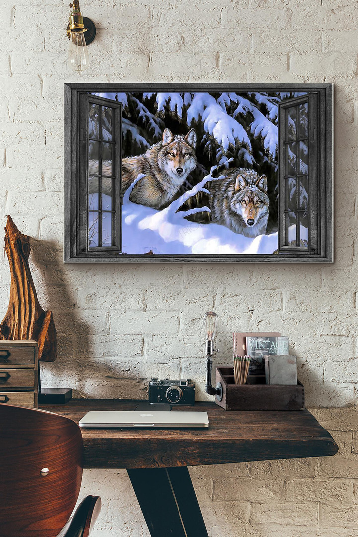 Window View Couple Wolf In The Snow Forest Hunting Canvas Painting Ideas, Canvas Hanging Prints, Gift Idea Framed Prints, Canvas Paintings Wrapped Canvas 8x10