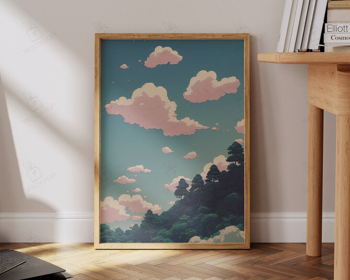 Anime Nature Art Pink Clouds Japanese Forest Anime Aesthetic Art Print Large Relaxing Bedroom Wall Art Ready To Hang Framed Poster