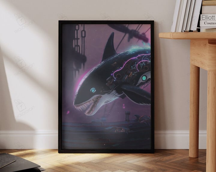 Cyberpunk Print Mecha Orca Killer Whale With Pink Neon Lights Sci Fi Art Large Gaming Room Wall Art Decor Ready To Hang Framed Poster