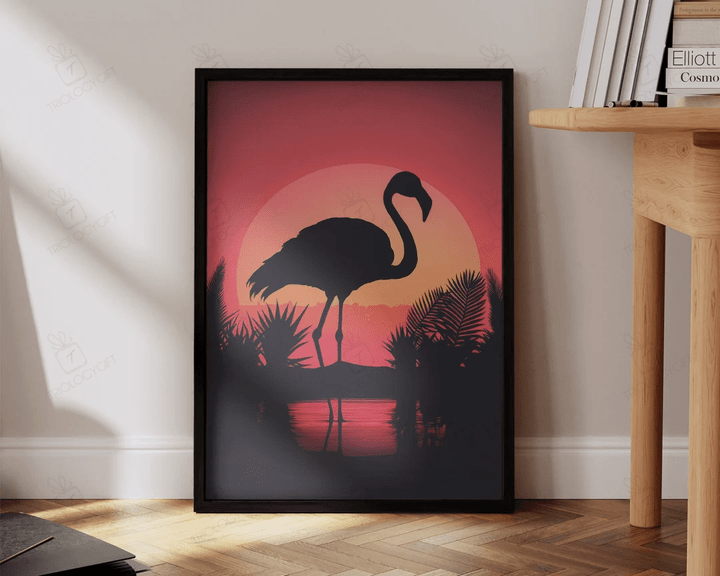 Flamingo Print Pink Sun Sunset Flamingo Silhouette Nature Art Large Colorful Living Room Wall Art Decor Ready To Hang Framed Poster