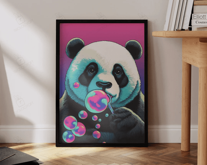 Panda Art Print Cute Panda Bear Blowing Bubbles Pink Animal Art Print Large Living Room Wall Art Decor Ready To Hang Framed Poster