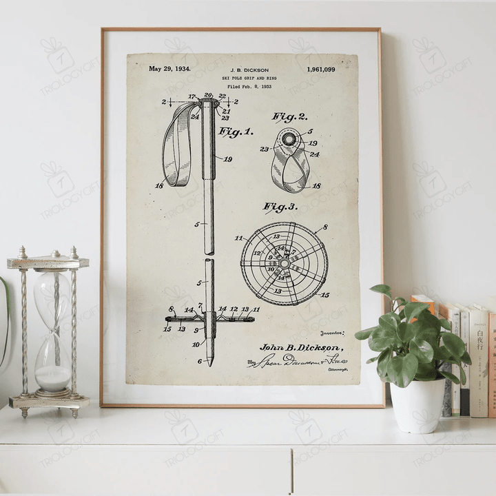 Ski Pole Grip And Ring Patent Drawing Print Digital Download, Vintage Art Patent Drawings Prints Store, Patents Wall Art Printable Poster