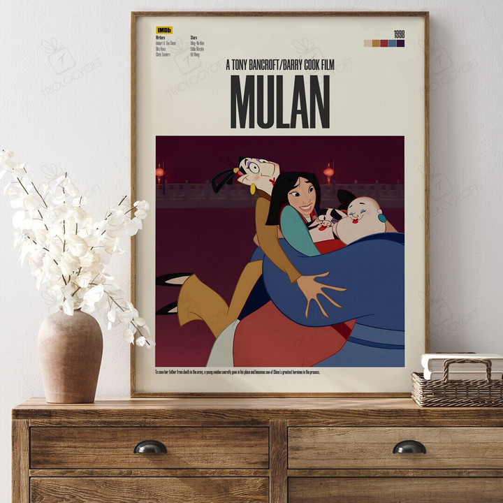 Mulan Disney Movie Poster Print, Minimalist Modern Framed Animation Character Posters, Vintage Retro Wall Art Home Decor Theme Poster