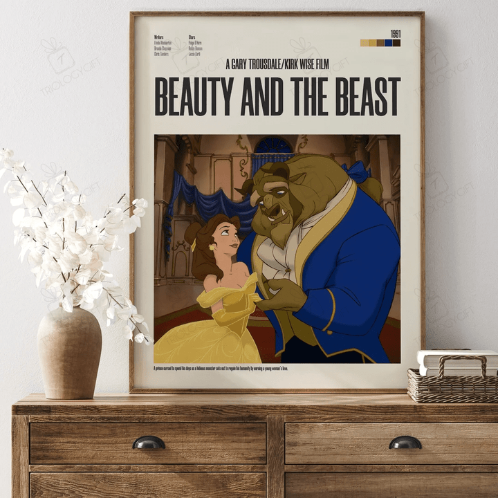 Beauty And The Beast Disney Movie Poster Print, Minimalist Modern Framed Animation Posters, Vintage Retro Wall Art Home Decor Theme Poster