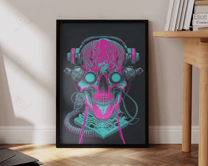 Skull Art Cyberpunk Futuristic Neon Pink Vaporwave Human Skull Art Print Large Gaming Room Wall Art Decor Ready To Hang Framed Poster