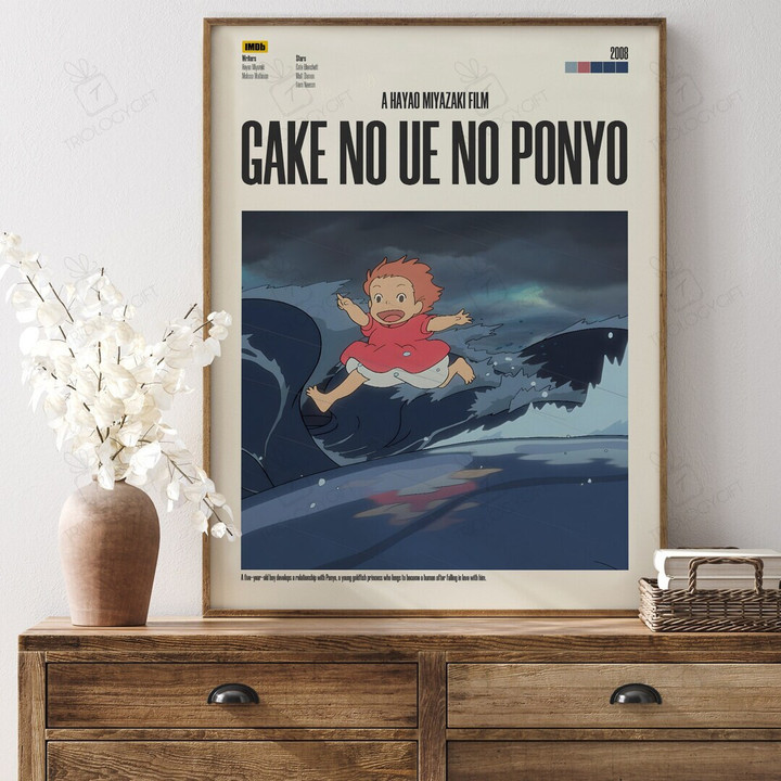 Gake No Ue No Ponyo Movie Poster Print, Modern Framed Hayao Miyazaki Ghibli Anime Posters, Vintage Wall Art Home Decor Japanese Film Poster